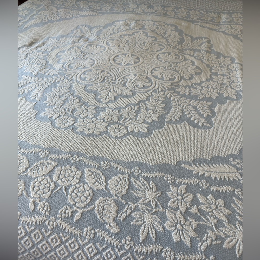 COTTON WOVEN KING BLUE CREAM 6” FRINGE MEDALLION BEDSPREAD 115x115” - Picture 6 of 8